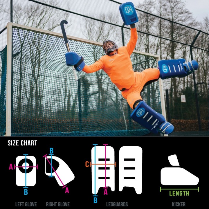 Imagen promocional con medidas del material de portero de hockey